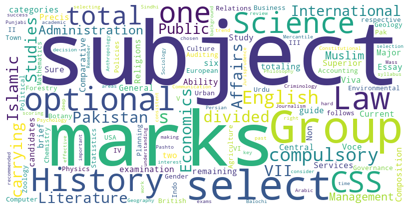 Sure, here's a brief guide on how to select CSS (Central Superior Services) subjects in Pakistan: ## Total Marks The total marks for the CSS examination are 1500. These marks are divided into two categories: compulsory subjects (600 marks) and optional subjects (600 marks). The remaining 300 marks are for Viva Voce. ## Compulsory Subjects There are six compulsory subjects, each carrying 100 marks, totaling to 600 marks. These subjects are: 1. English Essay 2. English (Precis and Composition) 3. General Science and Ability 4. Current Affairs 5. Pakistan Affairs 6. Islamic Studies OR Comparative Study of Major Religions (For Non-Muslims) ## Optional Subjects For the optional subjects, candidates have to select subjects carrying a total of 600 marks. The optional subjects are divided into groups (Group I to Group VII). The subjects in each group and their respective marks are as follows: **Group I: (To select one subject of 200 marks only)** 1. Economics 2. English Literature 3. Urdu Literature **Group II: (To select subject(s) of 200 marks only)** 1. Accounting & Auditing 2. Political Science 3. International Relations **Group III: (To select subject(s) of 200 marks only)** 1. Islamic History & Culture 2. Indo-Pak History 3. British History 4. European History 5. History of the USA **Group IV: (To select one subject of 100 marks only)** 1. Gender Studies 2. Environmental Sciences 3. Agriculture & Forestry 4. Public Administration 5. Business Administration 6. Governance & Public Policies 7. Town Planning & Urban-Management **Group V: (To select subject(s) of 100 marks only)** 1. Mathematics 2. Statistics 3. Economics 4. Computer Science 5. Physics 6. Chemistry 7. Botany 8. Zoology 9. Geology **Group VI: (To select one subject of 100 marks only)** 1. Law 2. Constitutional Law 3. Mercantile Law 4. Muslim Law & Jurisprudence 5. International Law 6. Criminology 7. Philosophy **Group VII: (To select one subject of 100 marks only)** 1. Journalism & Mass Communication 2. Psychology 3. Geography 4. Sociology 5. Anthropology 6. Punjabi 7. Sindhi 8. Pashto 9. Balochi 10. Persian 11. Arabic When selecting optional subjects, it's important to consider your areas of interest, academic background, and the scoring trend of these subjects in past CSS exams. It's also recommended to review the syllabus of each subject before making a decision. Remember, the key to success in CSS is not just the selection of the right subjects, but also a deep understanding of the chosen subjects, consistent hard work, and effective time management.